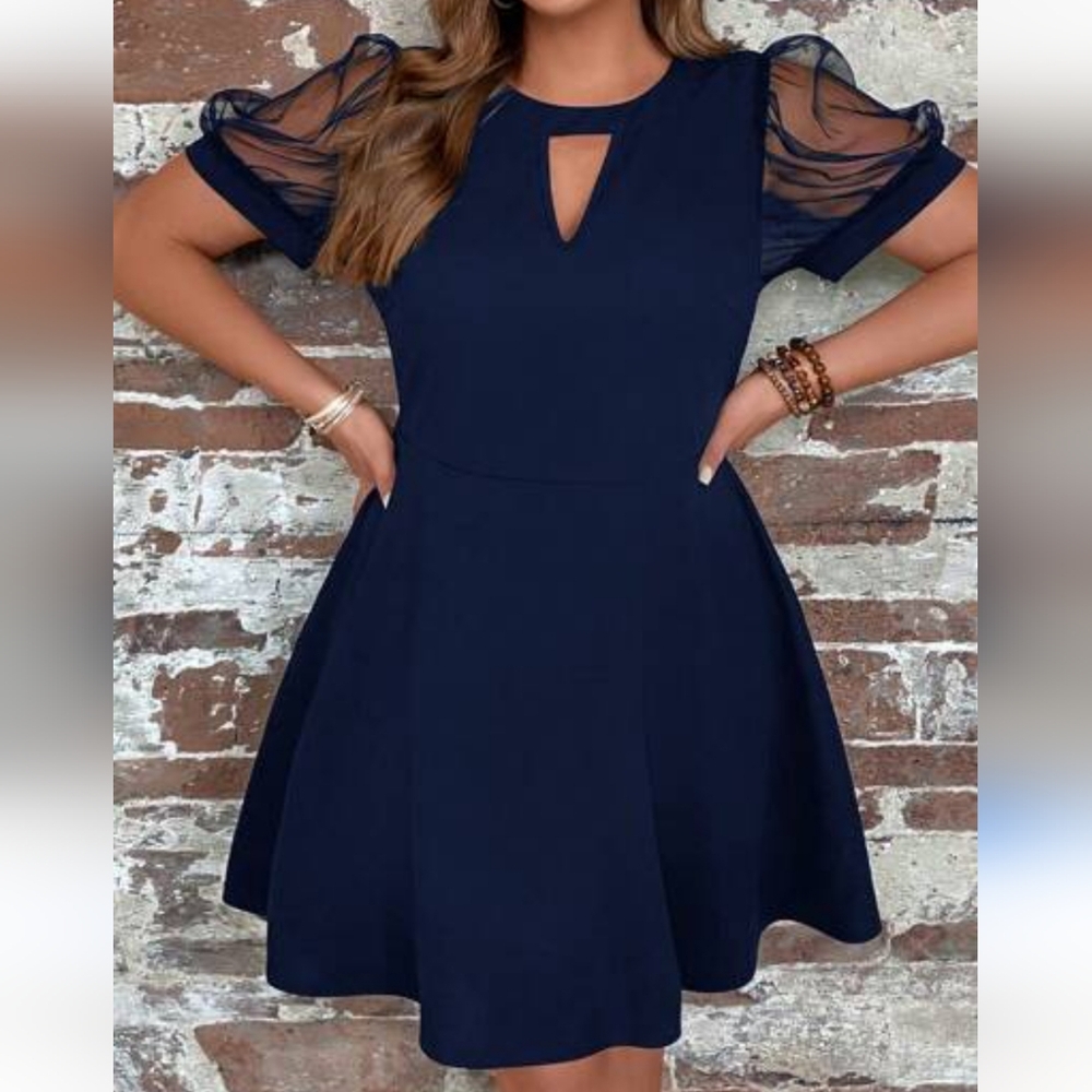 SHEIN Clasi Plus Keyhole Neckline Contrast Mesh Puff Sleeve Dress NWOT